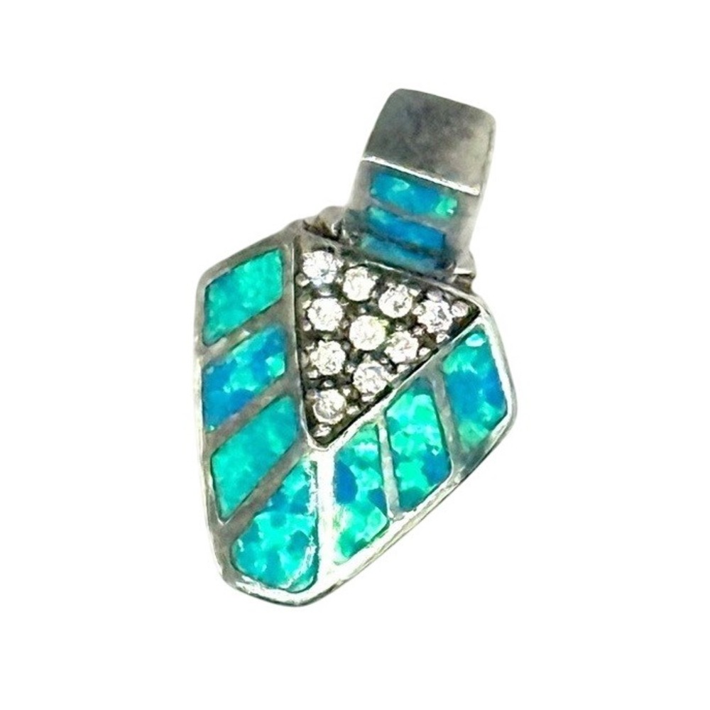 Sterling Silver Inlaid Created Opal & CZ Pendant AK Southwest Style Neckl. Charm
